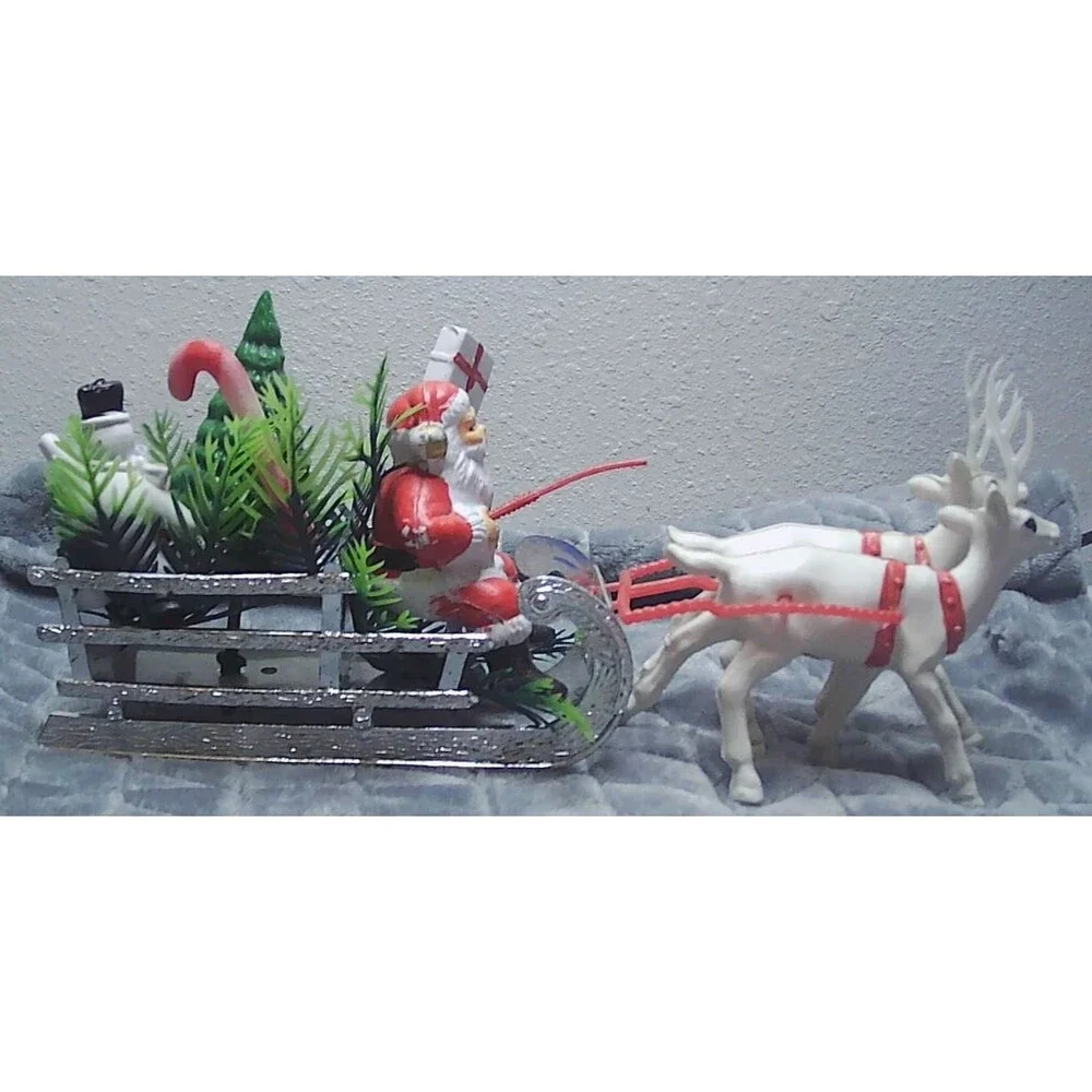 1960s/70s Plastic Xmas Kitsch Blow Mold, Santa, Sleigh & Reindeer, Holiday Decor